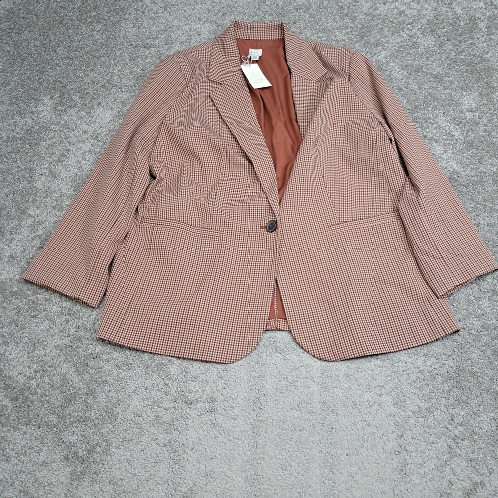 A New Day Brown Plaid Blazer Womens XXL Single Button Tailored Jacket RWL8WL NEW